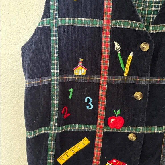 Teachercore School-Themed Corduroy Vest with Plaid Trim - Picture 2 of 5